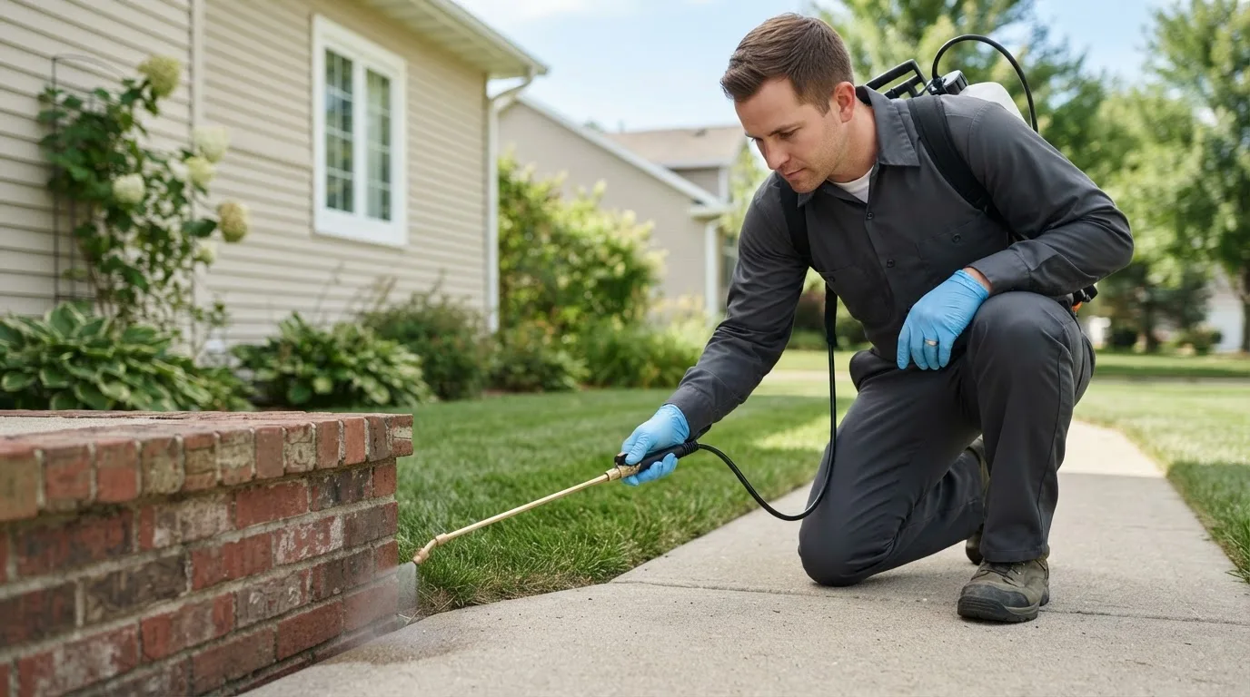 Pest control technician treating a home near Guy, AR